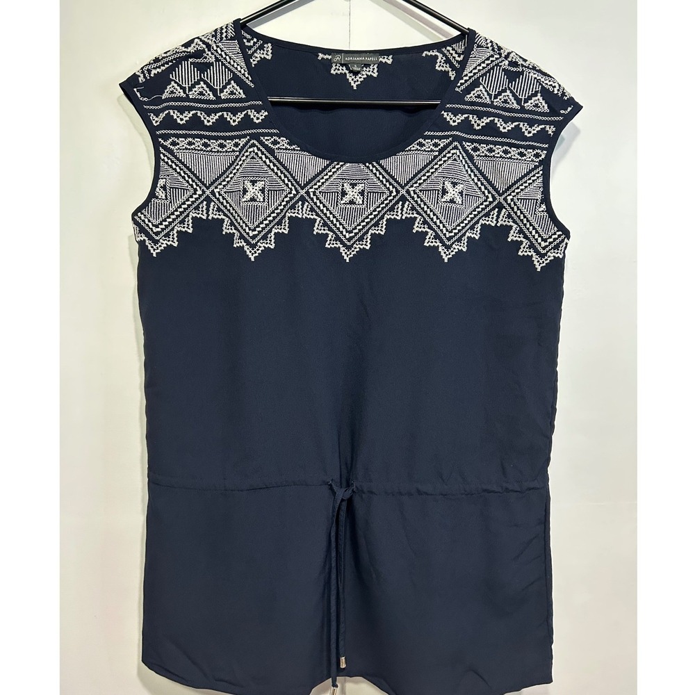 Adrianna Papell Embroidered Tunic Women S Navy Blue Cap Sleeve Drawstring‎ Waist